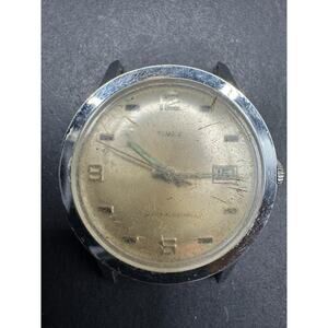 Vintage Timex 1971 Marlin Watch Unisex 30mm Silver Tone Date Manual Wind No Band